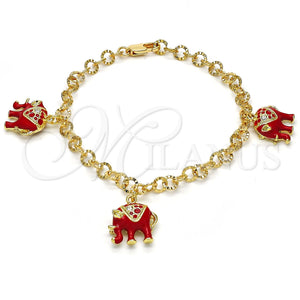Pulsera de Dije 03.63.1797.5.07 Oro Laminado, Diseño de Elefante, con Blanca Cristal, Esmaltado Rojo, Tono Dorado (05 MM Thickness, 7 Inches Length)