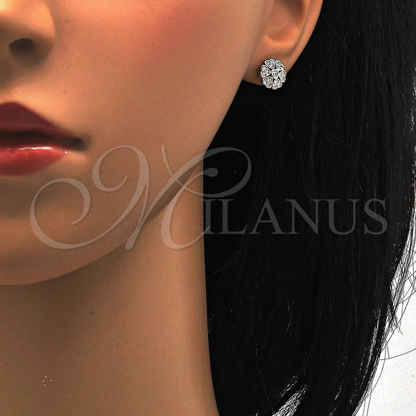 Arete Dormilona 02.285.0004 Plata Rodinada, Diseño de Flor, con Blanca Zirconia Cubica, Pulido, Rodinado