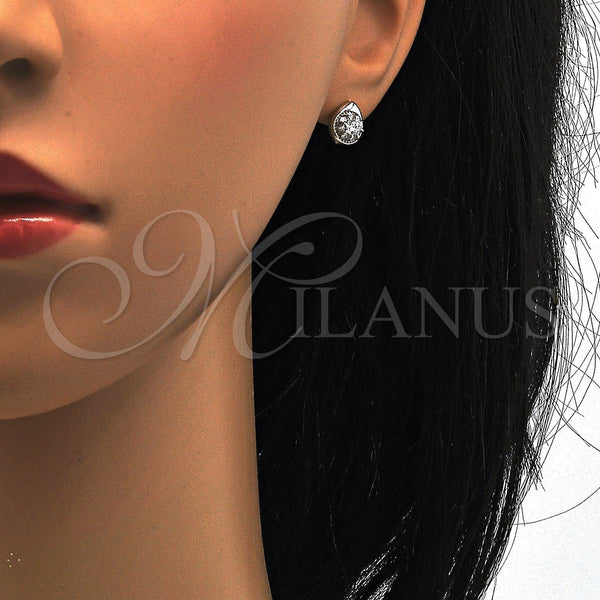 Arete Dormilona 02.285.0008 Plata Rodinada, Diseño de Gota, con Blanca Zirconia Cubica, Pulido, Rodinado