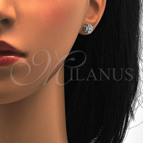 Arete Dormilona 02.285.0026 Plata Rodinada, Diseño de Flor, con Zirconia Cubica Blanca, Pulido, Rodinado