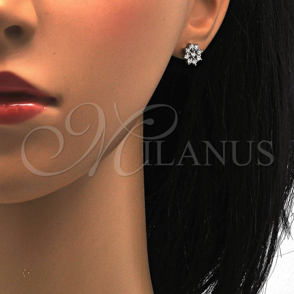 Arete Dormilona 02.285.0029 Plata Rodinada, Diseño de Flor, con Zirconia Cubica Blanca, Pulido, Rodinado