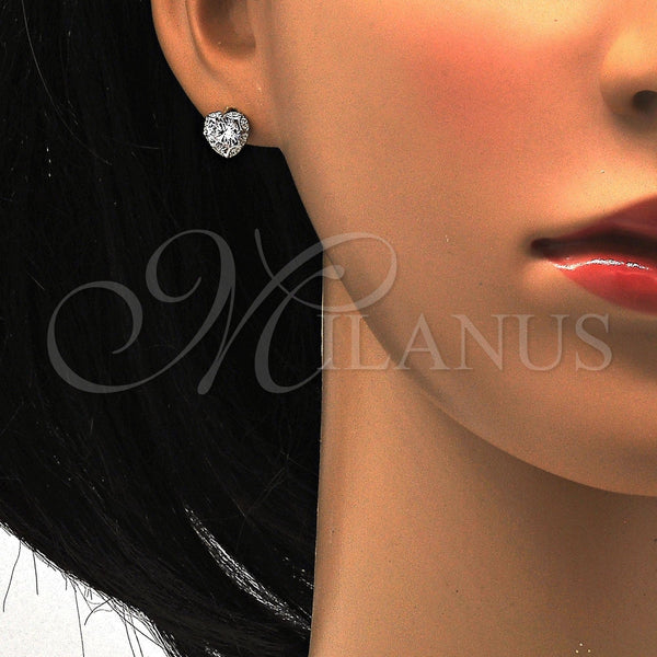 Arete Dormilona 02.285.0030 Plata Rodinada, Diseño de Corazón, con Zirconia Cubica Blanca y Micro Pave Blanca, Pulido, Crudo