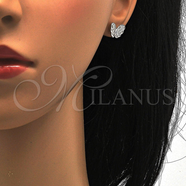 Arete Dormilona 02.285.0034 Plata Rodinada, Diseño de Mariposa, con Zirconia Cubica Blanca y Micro Pave Blanca, Pulido, Rodinado