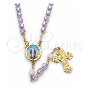 Rosario Fino 09.02.0025.18 Oro Laminado, Diseño de Medalla Milagrosa y Cruz, con Cristal Lavender, Pulido, Tono Dorado