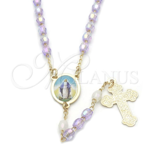 Rosario Fino 09.02.0025.18 Oro Laminado, Diseño de Medalla Milagrosa y Cruz, con Cristal Lavender, Pulido, Tono Dorado