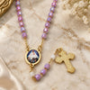 Rosario Fino 09.02.0026.18 Oro Laminado, Diseño de Caridad del Cobre y Cruz, con Cristal Lavender y Blanca, Pulido, Tono Dorado
