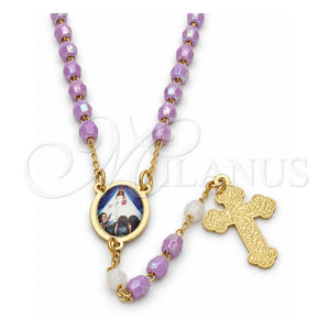 Rosario Fino 09.02.0026.18 Oro Laminado, Diseño de Caridad del Cobre y Cruz, con Cristal Lavender y Blanca, Pulido, Tono Dorado