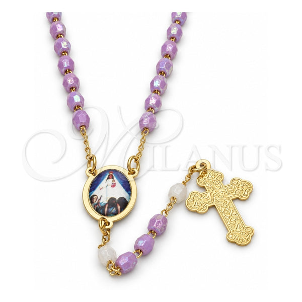 Rosario Fino 09.02.0026.18 Oro Laminado, Diseño de Caridad del Cobre y Cruz, con Cristal Lavender y Blanca, Pulido, Tono Dorado