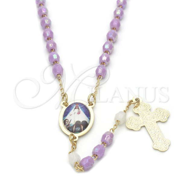 Rosario Fino 09.02.0026.18 Oro Laminado, Diseño de Caridad del Cobre y Cruz, con Lavender and Blanca Cristal, Pulido, Tono Dorado