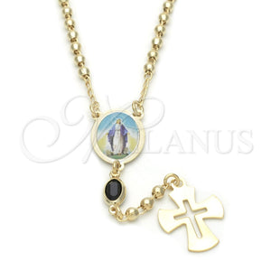 Rosario Fino 09.02.0032.18 Oro Laminado, Diseño de Medalla Milagrosa y Cruz, con Negro Azavache, Pulido, Tono Dorado