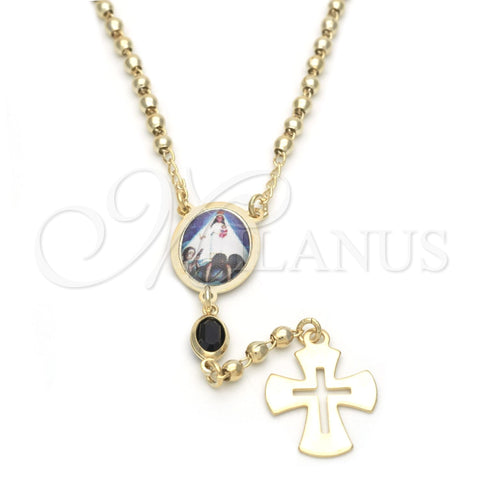 Rosario Fino 09.02.0033.18 Oro Laminado, Diseño de Caridad del Cobre y Cruz, con Negro Azavache, Pulido, Tono Dorado