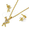 Juego de Arete y Dije de Adulto 10.199.0101 Oro Laminado, Diseño de Angel, con Blanca Micro Pave, Pulido, Tono Dorado