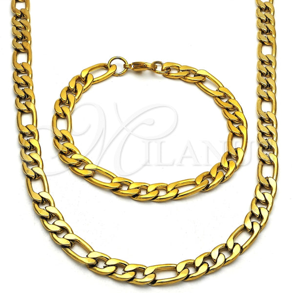 Collar y Pulsera 06.256.0010 Acero Inoxidable, Diseño de Figaro, Pulido, Tono Dorado