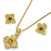 Juego de Arete y Dije de Adulto 10.160.0098 Oro Laminado, Diseño de Flor, con Cafe Cristal, Pulido, Tono Dorado