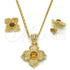 Juego de Arete y Dije de Adulto 10.160.0098 Oro Laminado, Diseño de Flor, con Cafe Cristal, Pulido, Tono Dorado