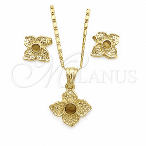 Juego de Arete y Dije de Adulto 10.160.0098 Oro Laminado, Diseño de Flor, con Cafe Cristal, Pulido, Tono Dorado