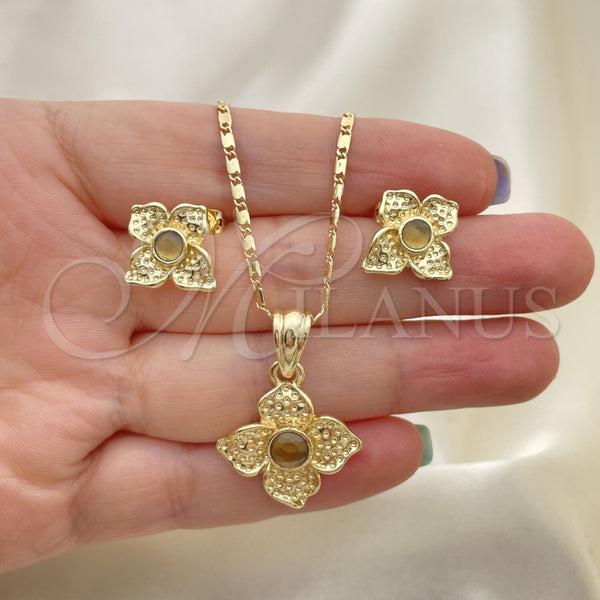 Juego de Arete y Dije de Adulto 10.160.0098 Oro Laminado, Diseño de Flor, con Cafe Cristal, Pulido, Tono Dorado