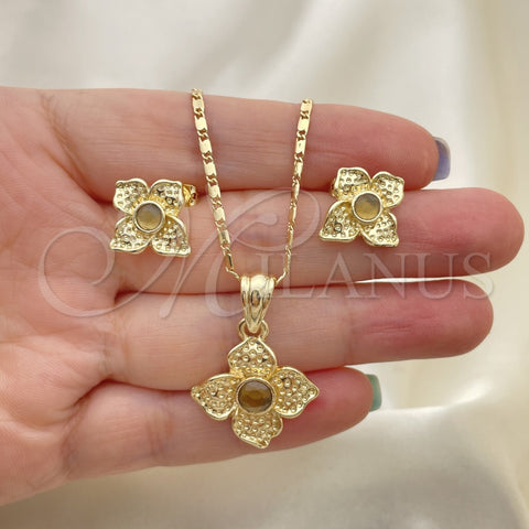 Juego de Arete y Dije de Adulto 10.160.0098 Oro Laminado, Diseño de Flor, con Cafe Cristal, Pulido, Tono Dorado