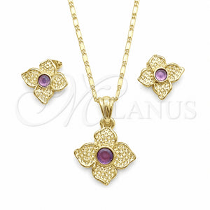 Juego de Arete y Dije de Adulto 10.160.0098.1 Oro Laminado, Diseño de Flor, con Amatista Cristal, Pulido, Tono Dorado
