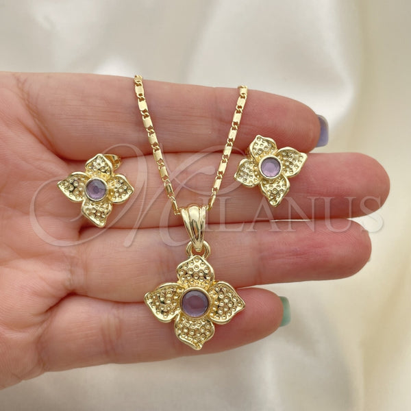 Juego de Arete y Dije de Adulto 10.160.0098.1 Oro Laminado, Diseño de Flor, con Amatista Cristal, Pulido, Tono Dorado
