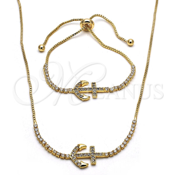 Collar y Pulsera 06.221.0017 Oro Laminado, Diseño de Ancla, con Blanca Zirconia Cubica, Pulido, Tono Dorado