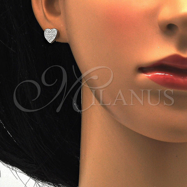 Arete Dormilona 02.175.0098 Plata Rodinada, Diseño de Corazón, con Micro Pave Blanca, Pulido, Rodinado