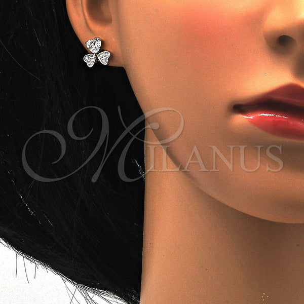 Arete Dormilona 02.175.0104 Plata Rodinada, Diseño de Corazón, con Zirconia Cubica Blanca y Micro Pave Blanca, Pulido, Rodinado