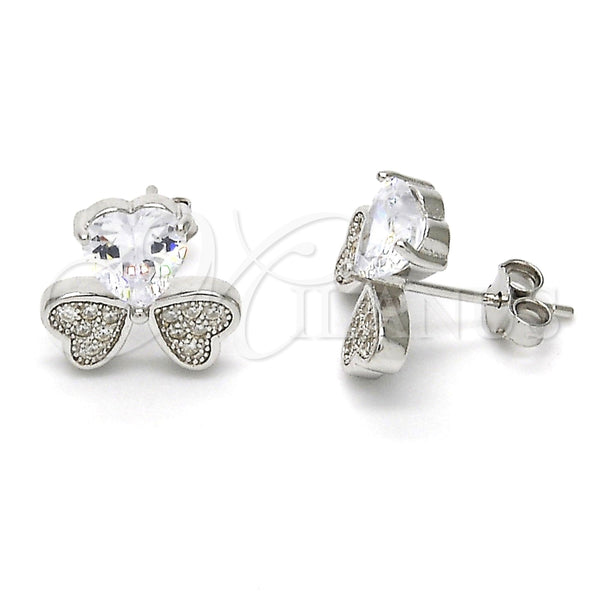 Arete Dormilona 02.175.0104 Plata Rodinada, Diseño de Corazón, con Zirconia Cubica Blanca y Micro Pave Blanca, Pulido, Rodinado
