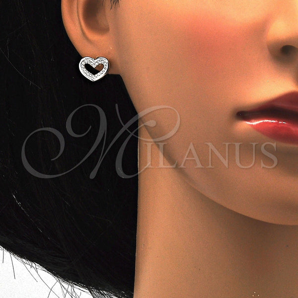 Arete Dormilona 02.175.0106 Plata Rodinada, Diseño de Corazón, con Micro Pave Blanca, Pulido, Rodinado