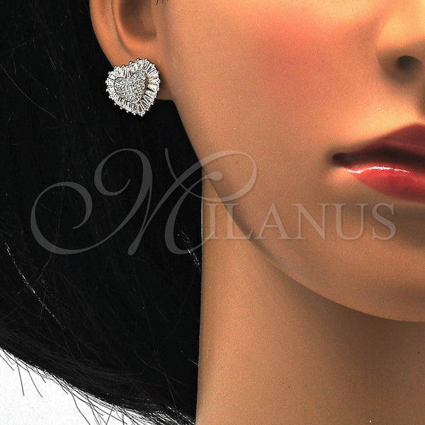 Arete Dormilona 02.175.0121 Plata Rodinada, Diseño de Corazón, con Zirconia Cubica Blanca y Micro Pave Blanca, Pulido, Rodinado