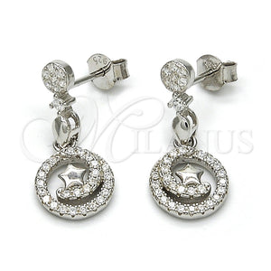 Arete Colgante 02.175.0127 Plata Rodinada, Diseño de Espiral y Estrella, con Zirconia Cubica Blanca y Micro Pave Blanca, Pulido, Rodinado