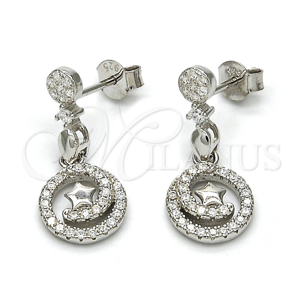 Arete Colgante 02.175.0127 Plata Rodinada, Diseño de Espiral y Estrella, con Zirconia Cubica Blanca y Micro Pave Blanca, Pulido, Rodinado