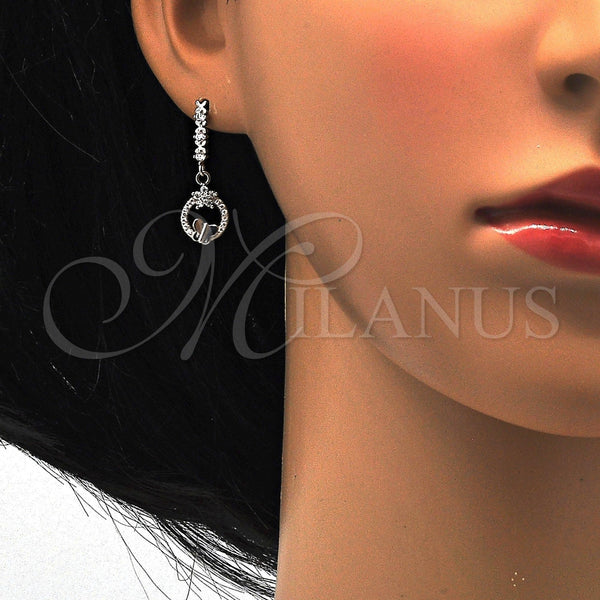 Arete Colgante 02.175.0129 Plata Rodinada, Diseño de Flor y Mariposa, con Zirconia Cubica Blanca y Cristal Blanca, Pulido, Rodinado