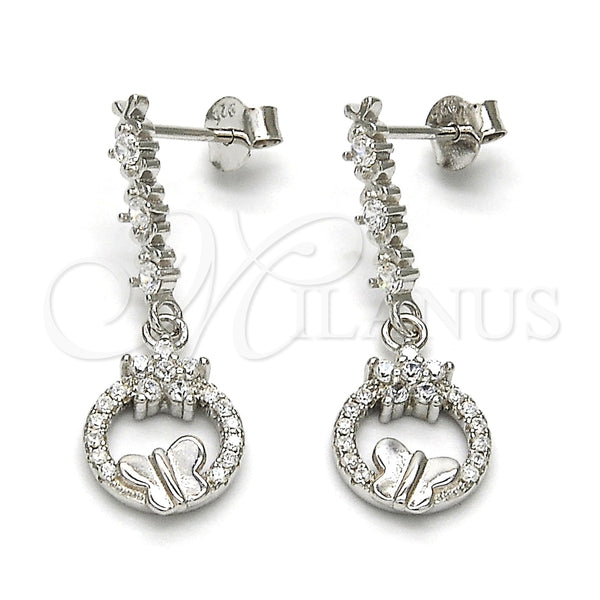 Arete Colgante 02.175.0129 Plata Rodinada, Diseño de Flor y Mariposa, con Zirconia Cubica Blanca y Cristal Blanca, Pulido, Rodinado