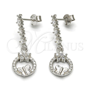 Arete Colgante 02.175.0129 Plata Rodinada, Diseño de Flor y Mariposa, con Zirconia Cubica Blanca y Cristal Blanca, Pulido, Rodinado