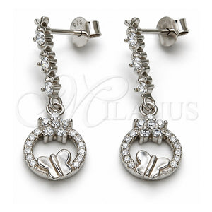 Arete Colgante 02.175.0129 Plata Rodinada, Diseño de Flor y Mariposa, con Zirconia Cubica Blanca y Cristal Blanca, Pulido, Rodinado