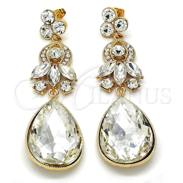 Arete Largo 02.268.0049.1 Oro Laminado, Diseño de Oja y Gota, con Blanca Zirconia Cubica and Blanca Cristal, Pulido, Tono Dorado