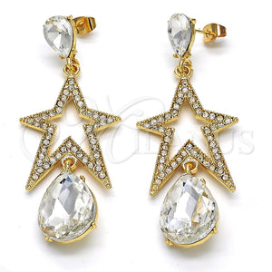 Arete Largo 02.268.0053 Oro Laminado, Diseño de Estrella y Gota, con Blanca Cristal, Pulido, Tono Dorado