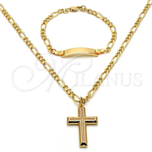 Juego de Arete y Dije de Nino 06.63.0187 Oro Laminado, Diseño de Figaro y Cruz, Pulido, Tono Dorado