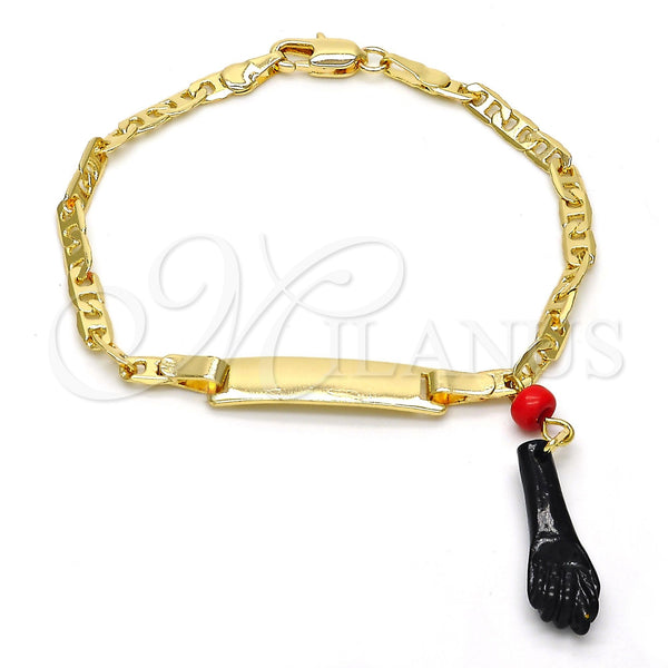 Pulsera de Dije 03.63.1811.06 Oro Laminado, Diseño de Manos, con Negro and Rojo Naranja Azavache, Pulido, Tono Dorado (03 MM Thickness, 6 Inches Length)