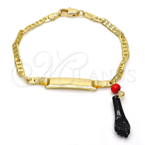 Pulsera de Dije 03.63.1811.06 Oro Laminado, Diseño de Manos, con Negro and Rojo Naranja Azavache, Pulido, Tono Dorado (03 MM Thickness, 6 Inches Length)