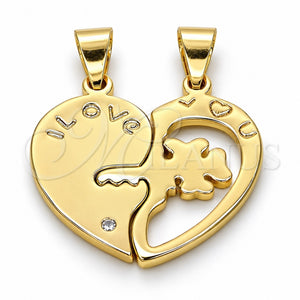 Dije Elegante 05.179.0053 Oro Laminado, Diseño de Corazón y Amor, con Blanca Zirconia Cubica, Pulido, Tono Dorado