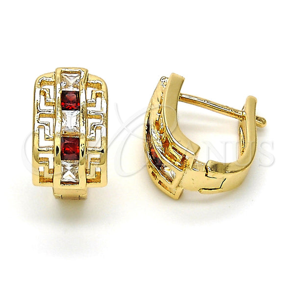 Argolla Huggie 02.237.0015.2.15 Oro Laminado, Diseño de Llave Griega, con Granate and Blanca Zirconia Cubica, Pulido, Tono Dorado