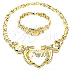 Collar y Pulsera 06.185.0014 Oro Laminado, Diseño de Corazón y Besos y Abrazos, con Blanca Zirconia Cubica, Diamantado, Tono Dorado