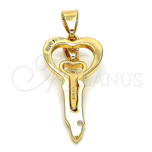 Dije Elegante 05.179.0055 Oro Laminado, Diseño de Llave y Amor, con Blanca Cristal, Pulido, Tono Dorado