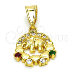 Dije Elegante 05.253.0012 Oro Laminado, Diseño de Elefante y Corazón, con Multicolor Zirconia Cubica, Pulido, Tono Dorado