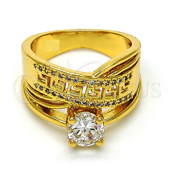 Anillo Multi Piedra 01.118.0070.07 Oro Laminado, Diseño de Llave Griega, con Blanca Zirconia Cubica, Pulido, Tono Dorado (Size 7)