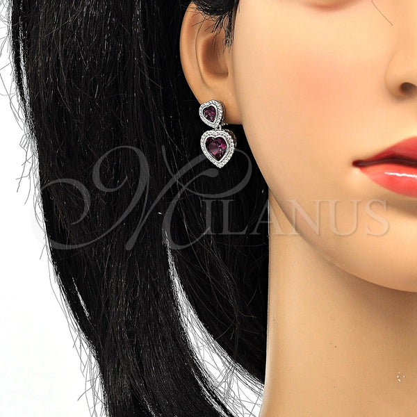 Arete Colgante 02.26.0169.1 Rodio Laminado, Diseño de Corazón, con Swarovski Elements Amethyst y Zirconia Cubica Blanca, Pulido, Rodinado