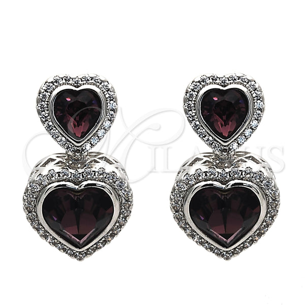 Arete Colgante 02.26.0169.1 Rodio Laminado, Diseño de Corazón, con Swarovski Elements Amethyst y Zirconia Cubica Blanca, Pulido, Rodinado