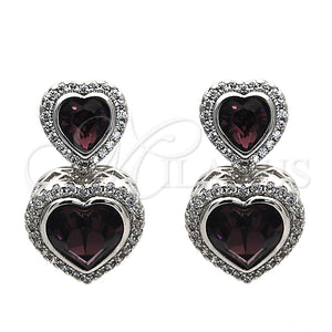 Arete Colgante 02.26.0169.1 Rodio Laminado, Diseño de Corazón, con Swarovski Elements Amethyst y Zirconia Cubica Blanca, Pulido, Rodinado